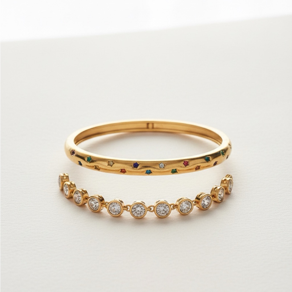 Gold Multi-Gemstone Stacking Bangles - Set Of 2
